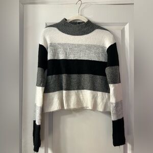 Express Women's Black, Gray, and White Striped Sweater
